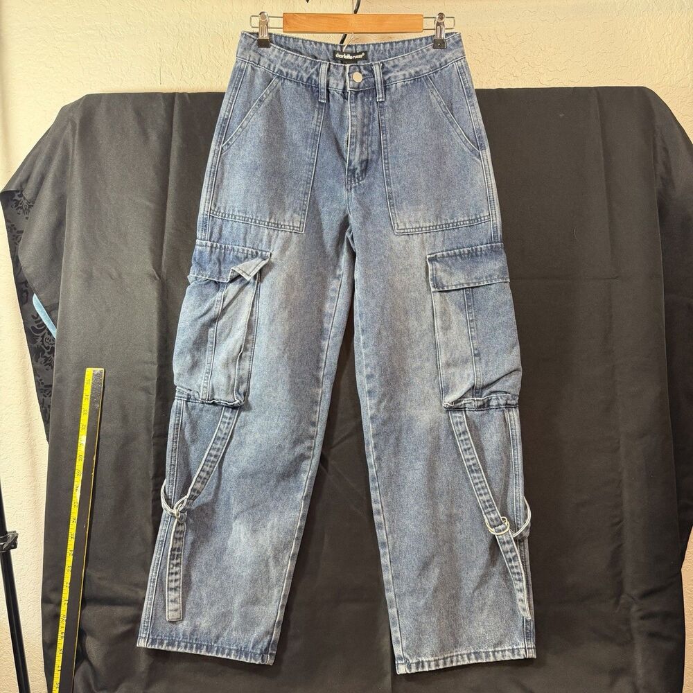 Charlotte Russe Cargo Jeans Womens Size S Blue Wide Leg Utility Pockets Straps